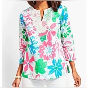 Talbots Pink and Green Graphic Blouse with Mandarin Collar size M